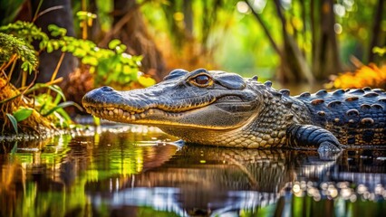 Obraz premium Macro Photography of Alligator on Aningha Trail in Everglades Swamp, Capturing the Intricate Details of Wildlife in a Lush, Wetland Habitat