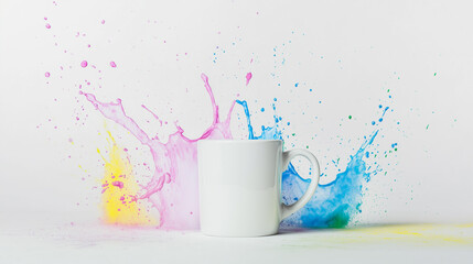 A clean white mug shot from front, placed playful and colorful background with splashes in pastel colors (pink, blue, yellow), artistic and creative design, high-resolution details, vibrant yet subtle