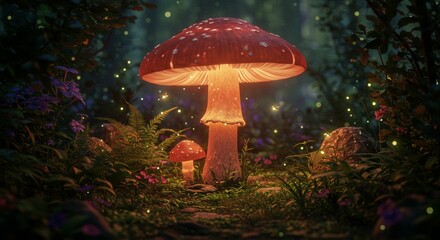 Fototapeta premium Enchanted Forest Glowing Mushrooms Firefly Magic Fantasy Nature Scene