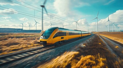High-speed train passing wind turbines. AI.