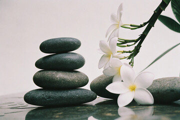 Fototapeta premium A photo of a Zen still life with a stack of smooth, dark gray stones, pub banner affiche