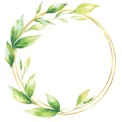Watercolor gold circle frame leaves leaf illustration.
