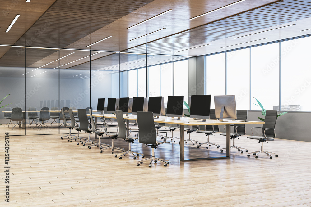 Poster Modern office interior with wooden flooring, large desks, and multiple desktop computers. Glass partitions separate the workspace and meeting area. 3D Rendering
