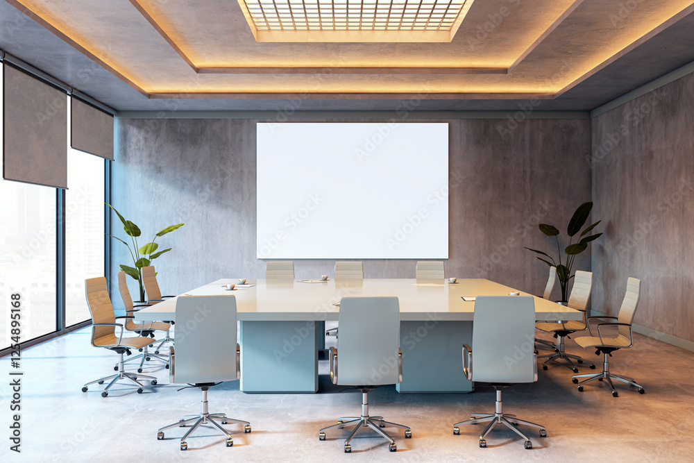Poster Modern conference room with a rectangular table and chairs in a minimalist design. 3D Rendering