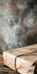 Vintage brown paper package tied with string on wooden surface