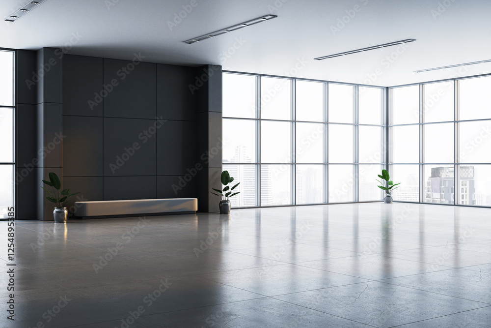 Poster modern spacious office lobby with large glass windows and city skyline view. 3d rendering