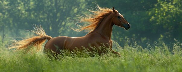 Chestnut horse runs through summer field, green trees background. Stock photo