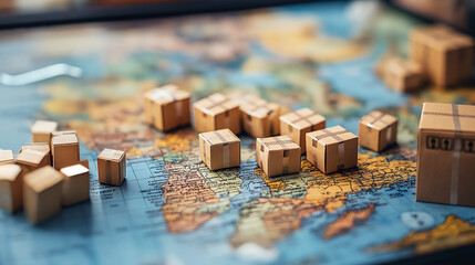 Global Shipping Miniature Cardboard Boxes on World Map International Delivery Concept