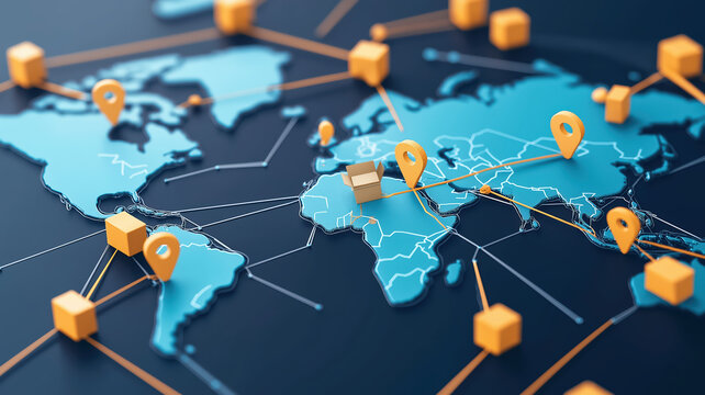 Orange cubes represent packages connected by lines across a stylized world map showing worldwide delivery and supply chain manage