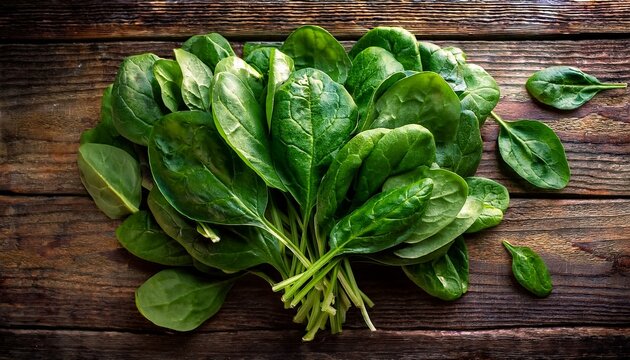 A bunch of fresh, vibrant spinach leaves lays elegantly on a rustic wooden background, showcasing the charm and healthfulness of fresh greens. freshness