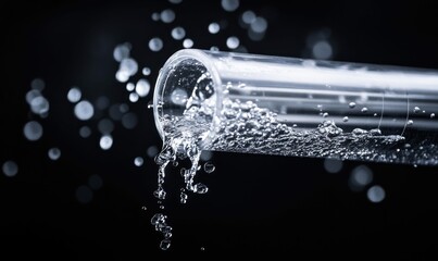 Flowing Water from Transparent Tube on Dark Background