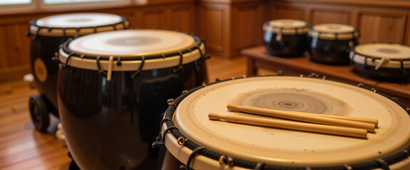 Obraz premium Calming taiko drumsticks resting on traditional drums, cultural artistry