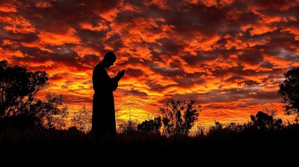 Man praying sunset landscape spiritual peace meditation