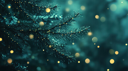 Close up of pine branches adorned with glowing bokeh lights, creating magical and festive atmosphere. shimmering lights enhance beauty of evergreen foliage