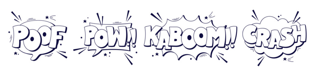 Black and white speech bubbles Pow Kaboom Poof Crash.