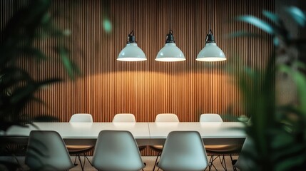 Modern office meeting room, wood wall, plants