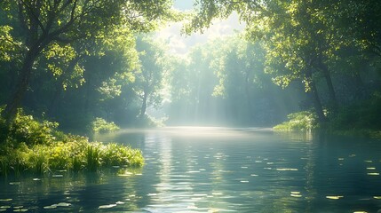 Fototapeta premium A serene natural landscape of a peaceful forest with sunlight filtering through the lush green foliage and a calm gently flowing river