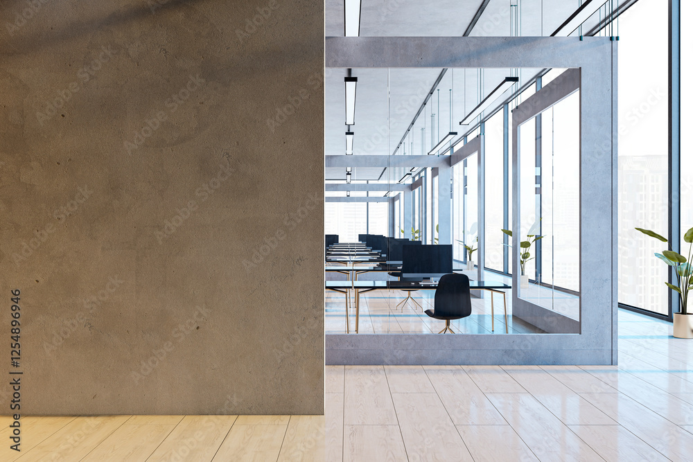 Poster modern office interior with empty workspace, large windows, and city view. minimalist design with wo