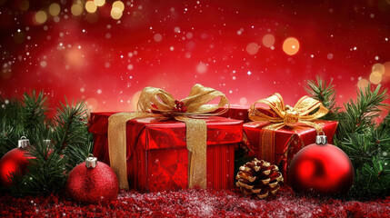 Festive red background with wrapped holiday gifts, ornaments, and pine. Perfect for celebrating season with joy and warmth