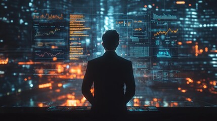 Business professional in suit analyzing financial data with cityscape view in background