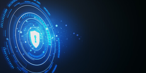 Futuristic glowing shield with keyhole in a digital blue neon cyber interface on dark background. 3D Rendering