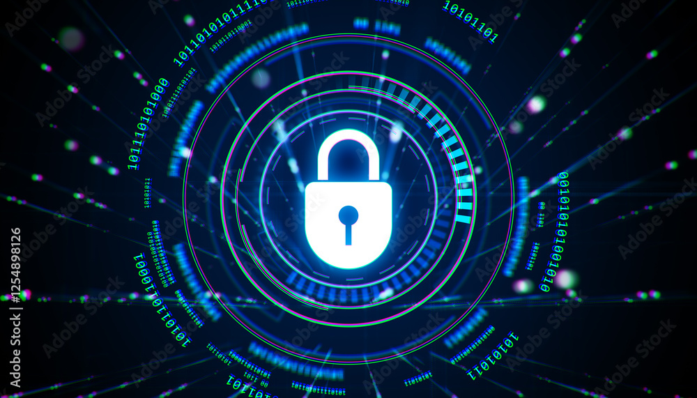 Poster Neon glowing padlock icon surrounded by binary codes on a futuristic dark digital background. 3D Rendering