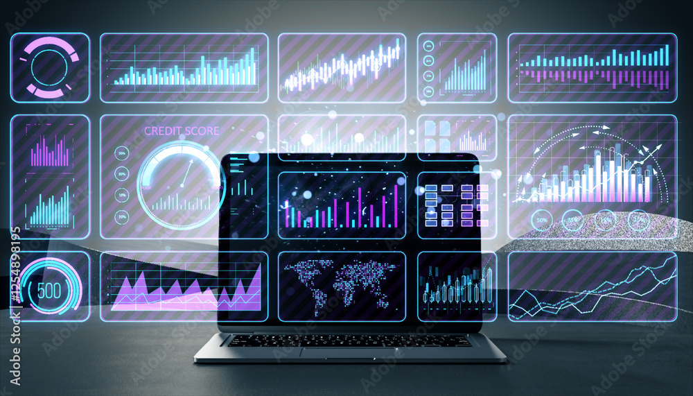 Aufkleber Digital laptop displaying financial charts and graphs with futuristic holographic interface. 3D Rendering