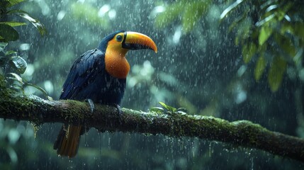 Obraz premium A captivating toucan sits prominently on a moss-covered branch, surrounded by dense greenery while raindrops cascade around it, creating a vibrant rainforest setting that enchants the senses