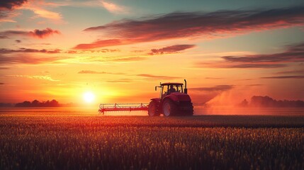 Fototapeta premium Tractor Working in Golden Field at Sunset Agriculture Farming Rural Scene Tranquil Sky