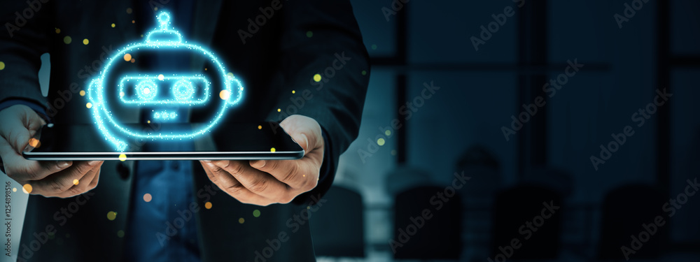 Poster holographic chatbot icon displayed above a tablet held by a businessman in a dark office setting.