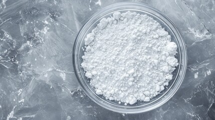 Top view of powdered zinc oxide in glass laboratory petri dish, crystalline white powder texture, transparent rim, minimal scientific composition, clean grey background, professional macro photography
