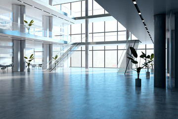 Spacious modern building lobby with glass walls and staircases. 3D Rendering