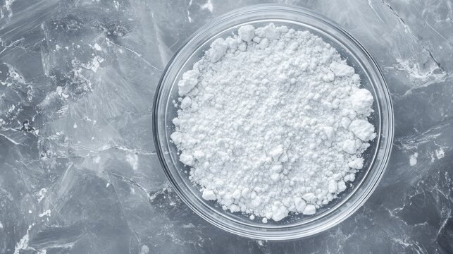 Top view of powdered zinc oxide in glass laboratory petri dish, crystalline white powder texture, transparent rim, minimal scientific composition, clean grey background, professional macro photography