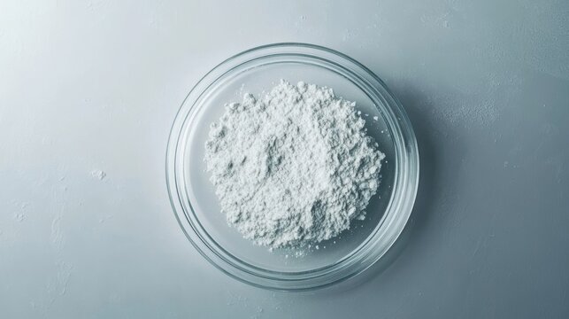 Top view of powdered zinc oxide in glass laboratory petri dish, crystalline white powder texture, transparent rim, minimal scientific composition, clean grey background, professional macro photography