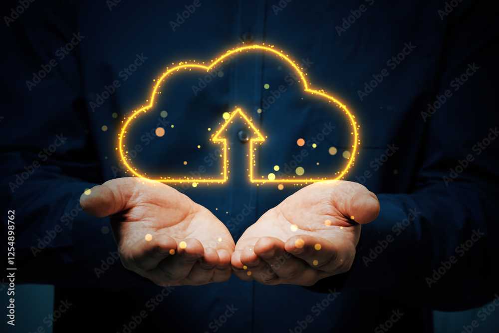 Poster Glowing cloud upload symbol held in hands on dark background.