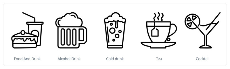A set of 5 travel icons as food and drink, alcohol drink, cold drink