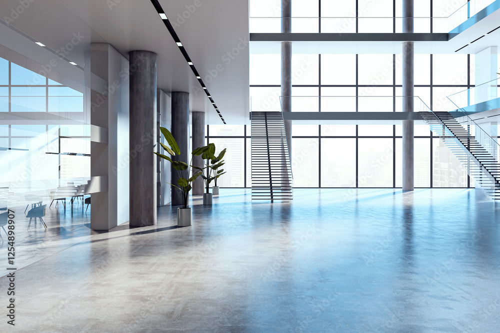 Aufkleber Spacious modern lobby with large windows and sleek stairs. 3D Rendering