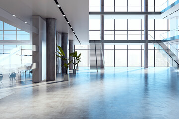 Spacious modern lobby with large windows and sleek stairs. 3D Rendering