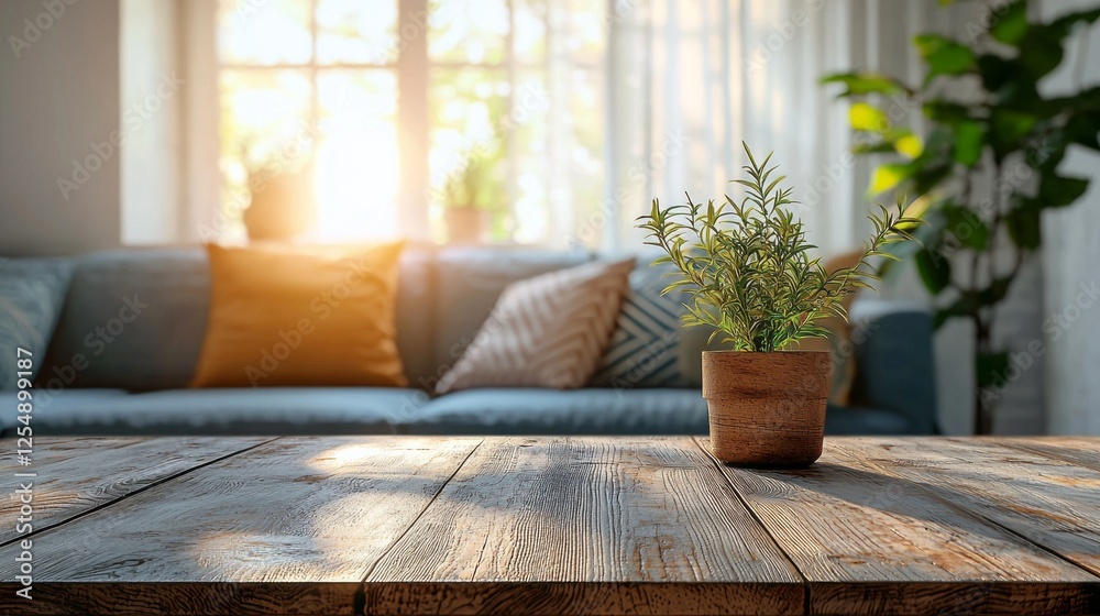 Poster sunlight filters gently through sheer curtains, illuminating a cozy living space. a lush green plant