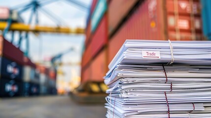 Close-up of a stack of documents with "Trade Tariffs" stamp, showcasing international trade regulations and global economic policies, with shipping containers and world map in the background.