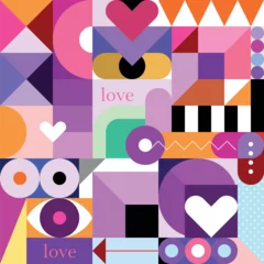 Abstract vector art design featuring various colorful geometric shapes, perfect for use as a seamless background. The design elements can be rearranged to create new variations. 