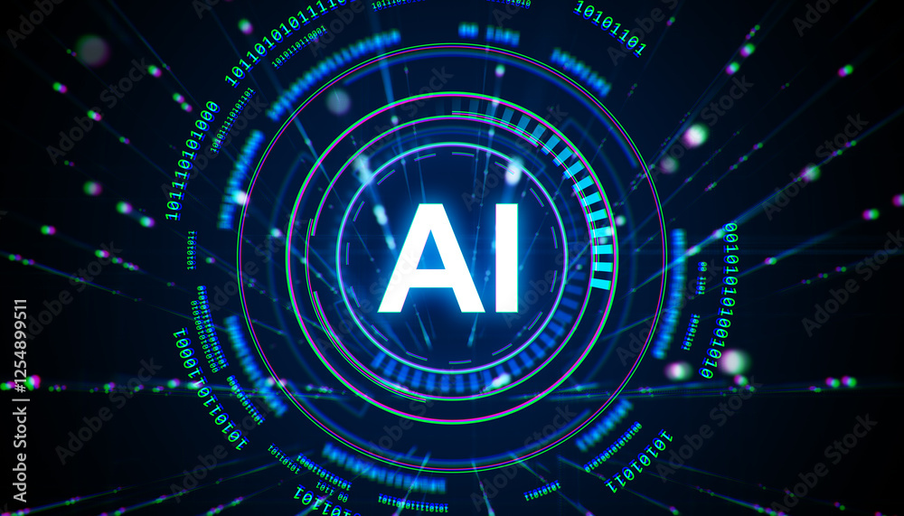 Aufkleber Futuristic AI digital interface with glowing neon elements and binary code in a dark background. 3D Rendering