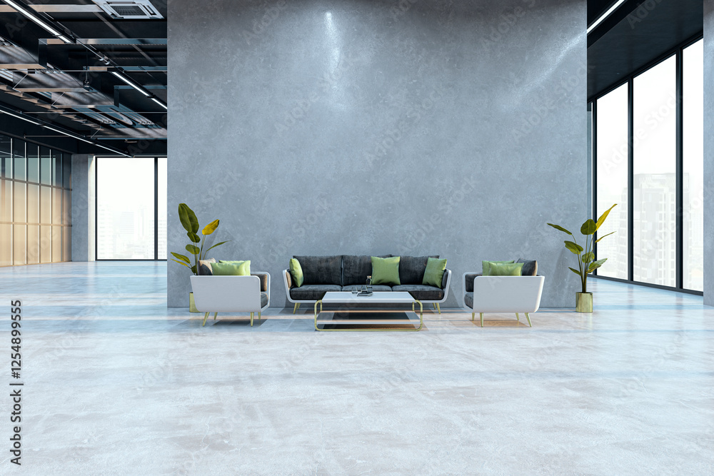 Poster modern waiting area interior with sofa and seats in office space. 3d rendering