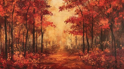 Vibrant autumn forest with rich red and orange maple leaves