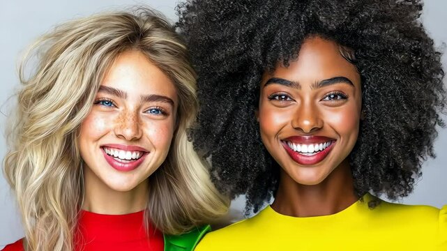 Two women with different hair types are smiling for the camera. Concept of happiness and positivity, as the women are both smiling and looking at the camera