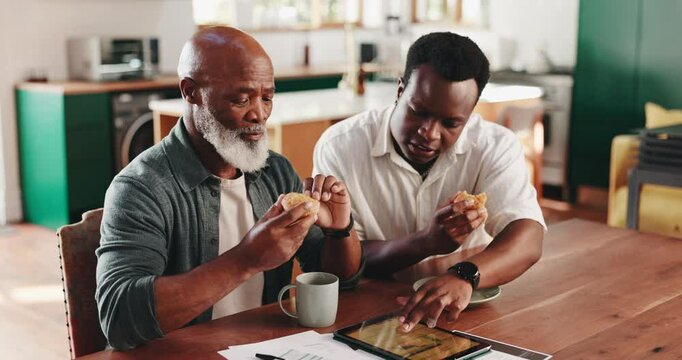 Home, father and adult son with tablet, breakfast and conversation with stock market. Family, parent and men at desk, food or snack with coffee, tech or digital app for investment, advice or internet