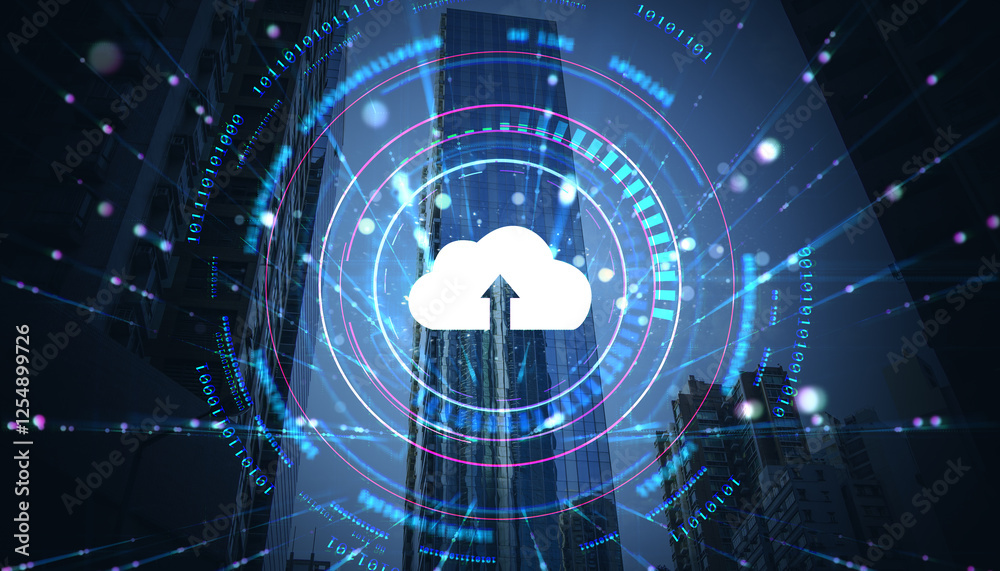 Poster Cloud computing technology concept with digital data transfer on futuristic background.
