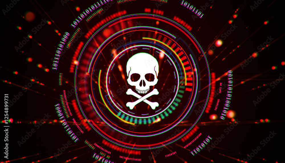 Poster Cyber threat skull symbol with digital elements on dark background. 3D Rendering