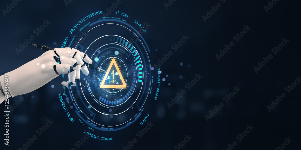 Poster Robotic hand interacting with futuristic digital interface displaying warning symbol.