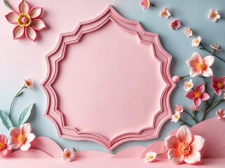 Obraz premium 3d cute islamic moslem arabian frame with pink teal pastel color flowers petals spring decoration ornament background backdrop wallpaper banner space for text greeting card template 